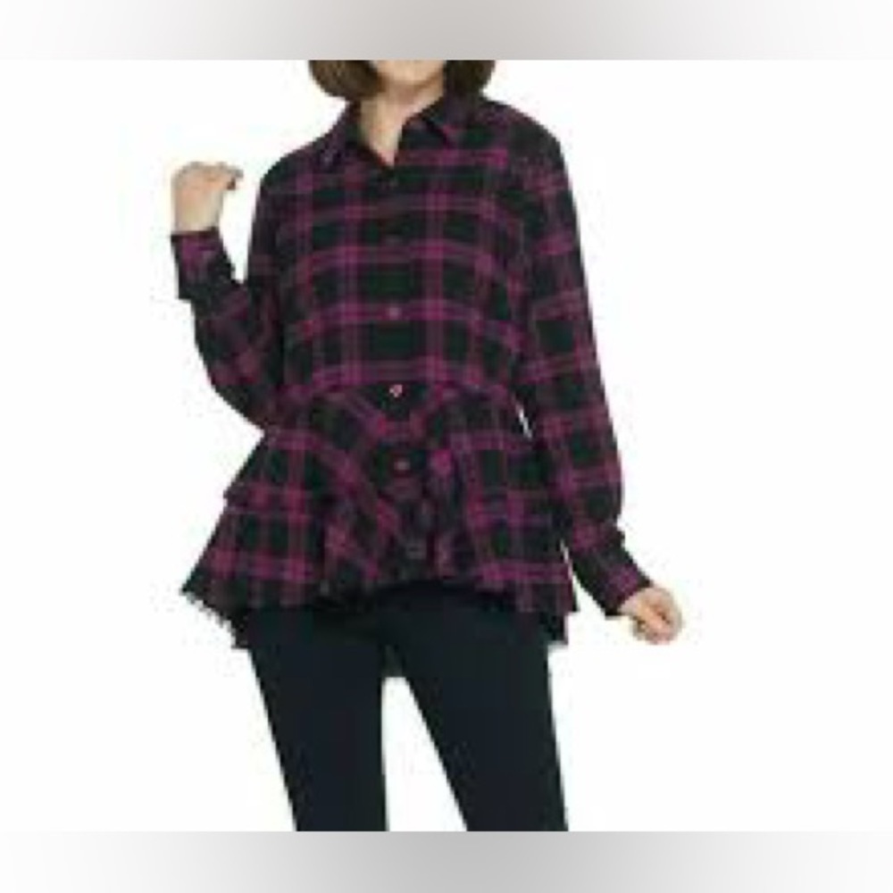 Joan Rivers Plaid Peplum Top Button Up Ruffle Fringe Hem Women’s Size 16